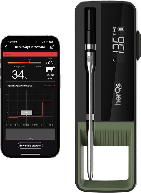 herQs - Single Max - BBQ thermometer – Keuken thermometer, barbecue, digitale, kerntemperatuur, vleesthermometer, Bluetooth, app, draadloos, thermometer