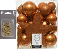 Decoris Kaemingk B.V. 33x stuks kunststof kerstballen 5, 6 en 8 cm cognac bruin inclusief ster piek en kerstbalhaakjes
