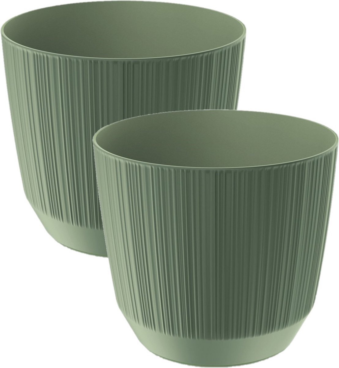 Prosperplast 2x stuks moderne carf-stripe plantenpot/bloempot kunststof dia 17 cm/hoogte 15 cm groen voor binnen/buiten