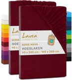 Lavea® Set van 2 Hoeslakens 90x200cm - 100x200cm – 100% Zacht en Ademend Katoen – voor Dikke Matrassen tot 20 cm – Jersey met Elastiek rondom – Bordeaux