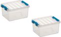 Sunware 4x stuks q-line opberg box/opbergdoos - 2 liter - 20 x 15 x 10 cm - kunststof - opslagbox - transparant/blauw