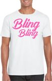 Bellatio Decorations Verkleed T-shirt heren - bling - wit - roze glitter - carnaval/themafeest XL