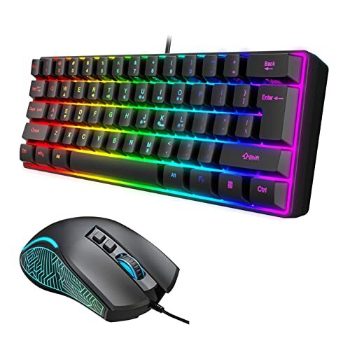 Ohfruit Gaming toetsenbord en muis combo - 61 toetsen RGB Backlit toetsenbord, lichtgewicht 400 FPS honingraat optische muis, RGB bedrade gameset voor pc MAC PS5 Xbox zwart