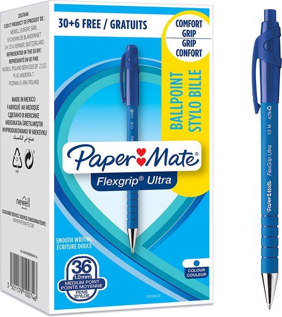 Paper Mate Flexgrip Ultra Balpennen - Blauw - Medium Punt - 36 stuks