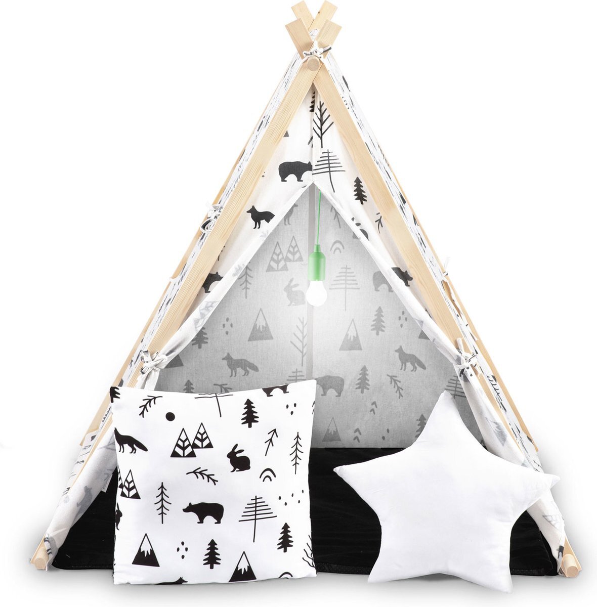 Viking Choice Tipi tent - speeltent - met lamp en kussens - zwart, wit