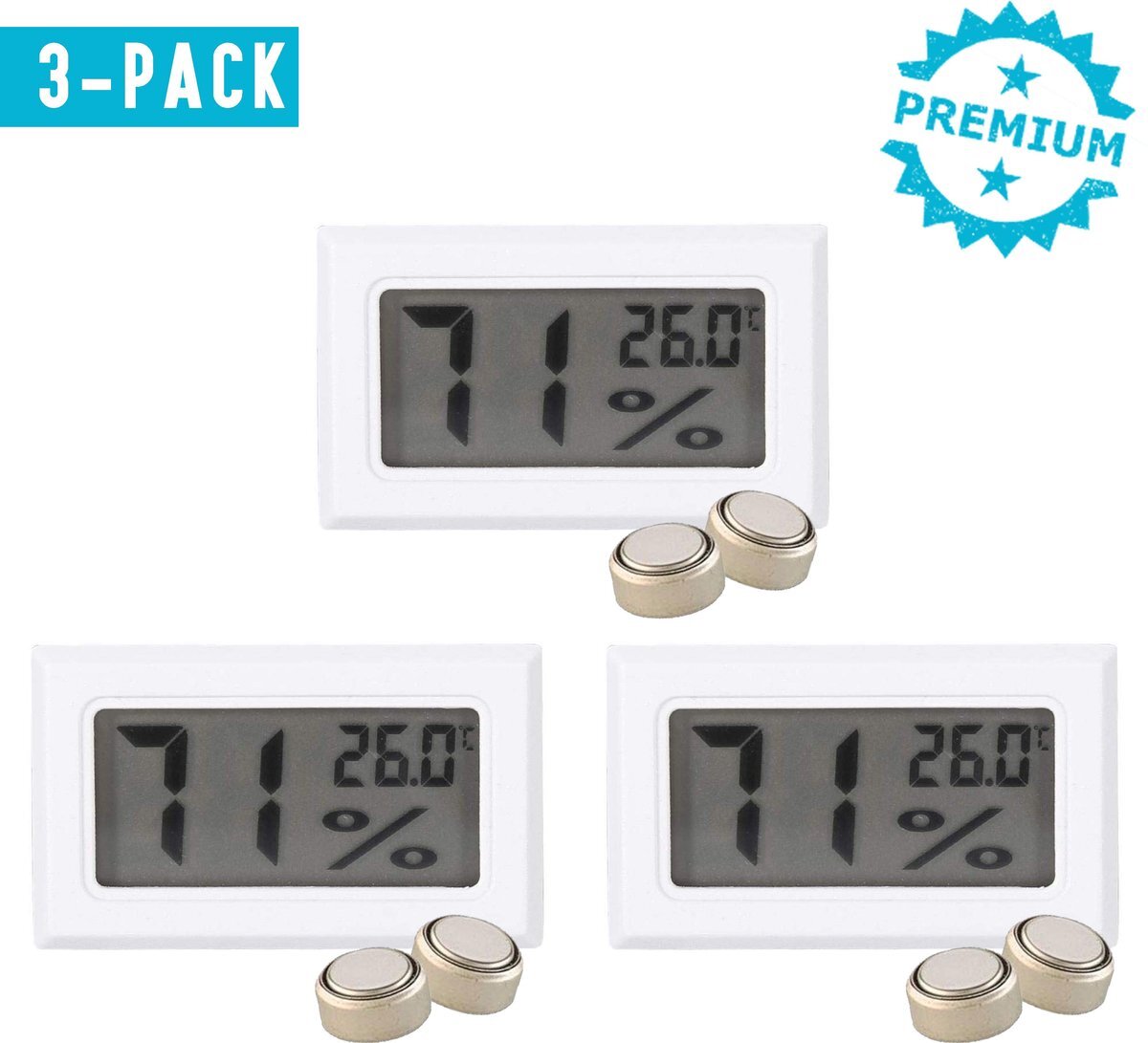 Qitch & Quisine Qitch&Quisine - Hygro - Vochtmeter - Hygrometer - Hygrometer Met Batterijen - Wit - Inclusief Thermometer - Digitale Luchtvochtigheidsmeter - Voor Binnen & Buiten - 2 in 1 - Set van 3