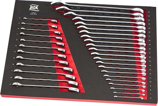 AOK Professionele 34-delige ring-, ratel- en steeksleutelset met foam inlay