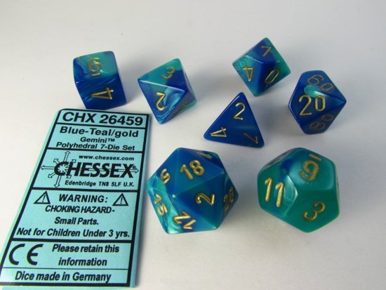 Chessex dobbelstenen set 7 polydice Gemini blue-teal w/gold