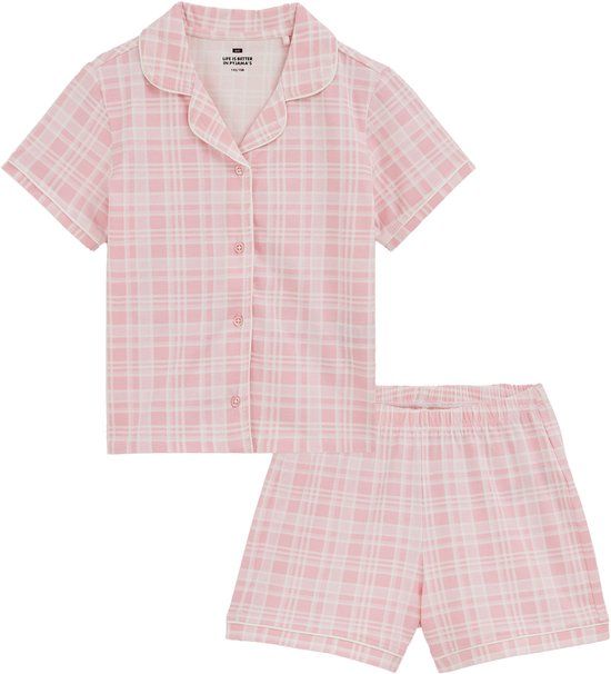 WE Fashion Meisjes pyjama met print - Lichtroze - Geruit - Korte mouw - Katoen/Elastaan - Maat 122/128