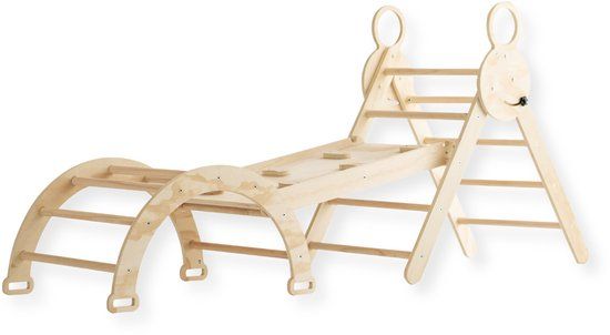 Buxibo Mini Klimrek - Houten Klimrek met Klimboog & Klimhelling met Glijbaan - Montessori Speelgym voor Binnen - 176x47x82 cm - Naturel