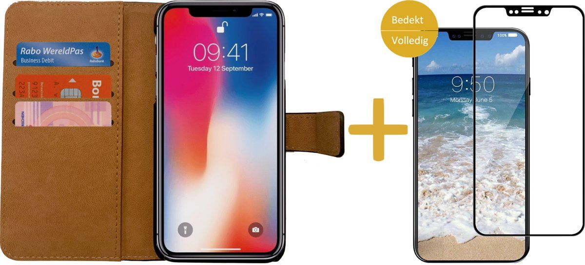 iCall Hoesje voor Apple iPhone X / 10 Wallet Book Case Zwart en Nude met Screenprotector