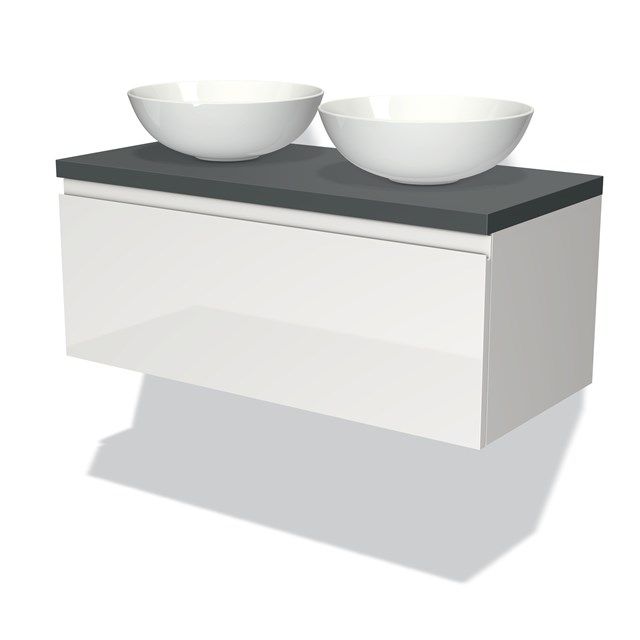 Maxaro Modulo Plato Badkamermeubel - 100cm - Hoogglans Wit - 1 Lade - Greeploos - Donkergrijs Blad