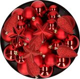 Decoris Kerstballen set kunststof rood - 62 stuks - 6-8-10 cm - mix mat en glans - inclusief sterren en dennenappels