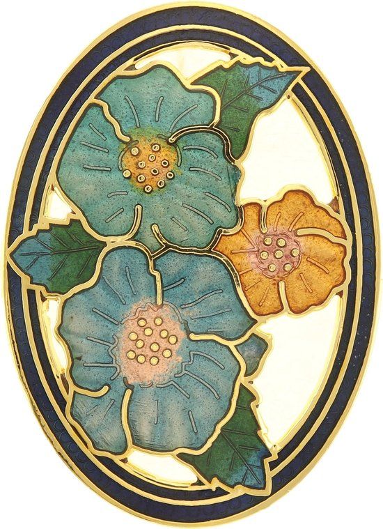 Behave® Dames broche ovaal met bloemen blauw - emaille sierspeld - sjaalspeld