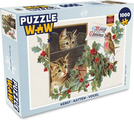 MuchoWow Puzzel Kerst - Katten - Vogel - Legpuzzel - Puzzel 1000 stukjes volwassenen - Kerst - Cadeau - Kerstcadeau voor mannen, vrouwen en kinderen - Sinterklaas cadeautjes - Sinterklaas voor grote kinderen