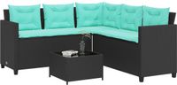 vidaXL Tuinbank met tafel en kussens, L-vormig, zwart, polyrotan