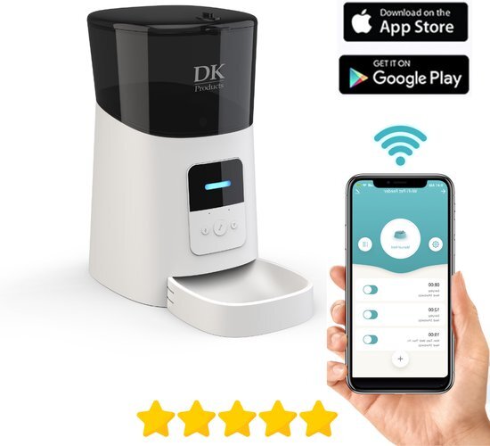 DKProducts Automatische Voerbak Wit - Voerautomaat Met App - Smartphone Besturing - Voerinhoud 6 Liter - Voor Katten- en Hondenvoer - Droogvoer - Voedingsschema - WiFi wit