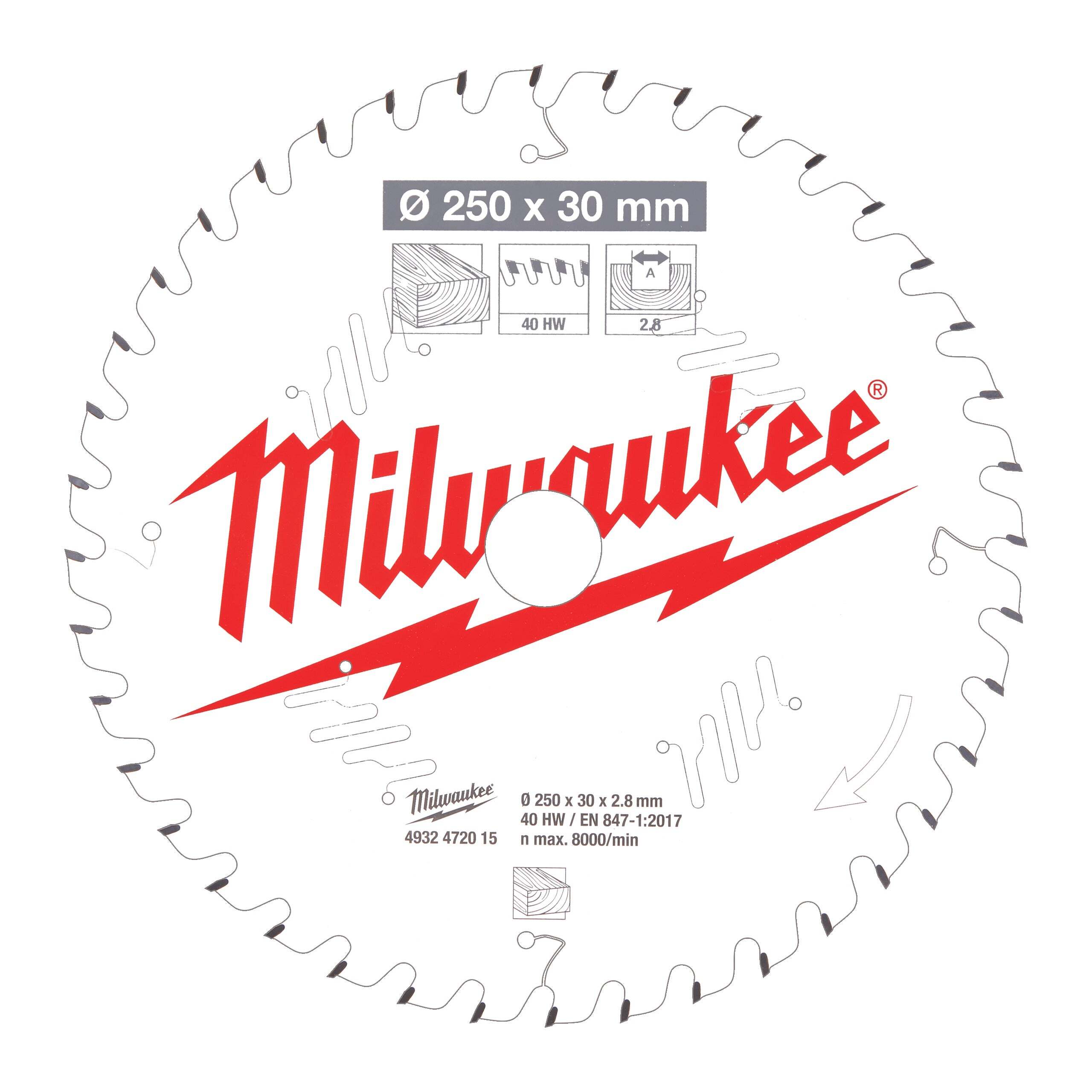 Milwaukee Cirkelzaagblad voor Hout | Ø 250mm Asgat 30mm 40T - 4932472015