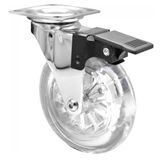 WAGNER Soft zwenkwiel SKATER - Ø 100 mm, 125 mm bouwhoogte, verchroomd staal, transparant, rem, 60 x 60 mm aanschroefplaat, 65 kg draagkracht