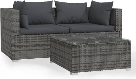 vidaXL 3-delige Loungeset met kussens poly rattan grijs