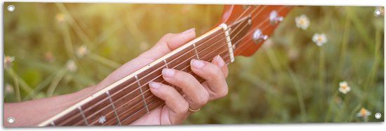 Merkloos / Sans marque Tuinposter - Close-up van Vrouwenhand op Bruine Gitaar in Bloemenveld - 120x40 cm - Kunststof - Rechthoekig