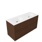 Saniclass Holz Frame Badkamermeubelset - 120x45x61.5cm - Flow solid surface wastafel wit - 2 wasbakken - zonder kraangaten - 2 lades - mat walnut pure (hout) SW1578610/SW1224150