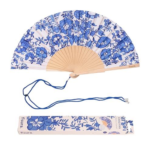 Fisura – Waaier met blauwe bloemenprint. Handgemaakt van hout en textiel met een klassiek patroon. Blauwe en witte ventilator. Inclusief ophangkoord. Formaat: 42,5 x 23 cm.
