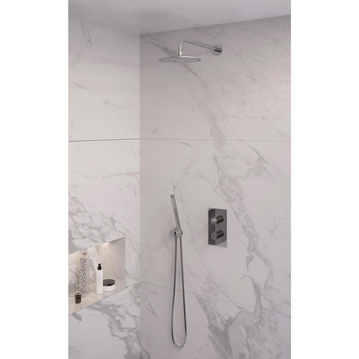 Brauer Regendoucheset 27 Inbouw Muur Chrome Edition 20cm Rond Glans Chroom 2 Greeps 3-weg met Thermostaatkraan en Staafhanddouche