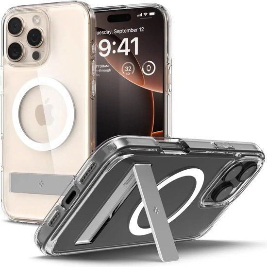 Spigen Ultra Hybrid S MagFit - Hoesje Geschikt voor Apple iPhone 16 Pro Max - Compatibel met MagSafe - Back Cover met Air Cushion - Uitklapbare Standaard - Transparant