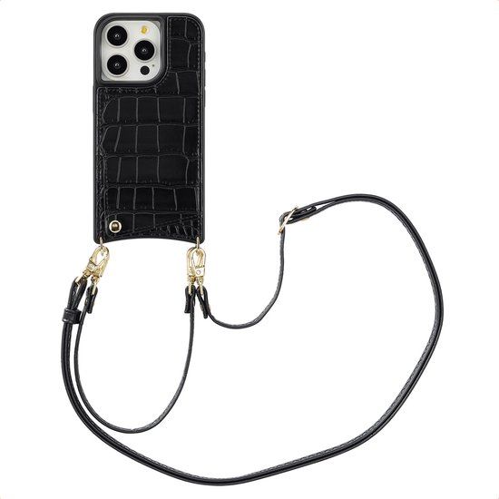 Selencia Hoesje - Geschikt voor Apple iPhone 15 Pro - Croco Backcover met koord en pashouder - Zwart