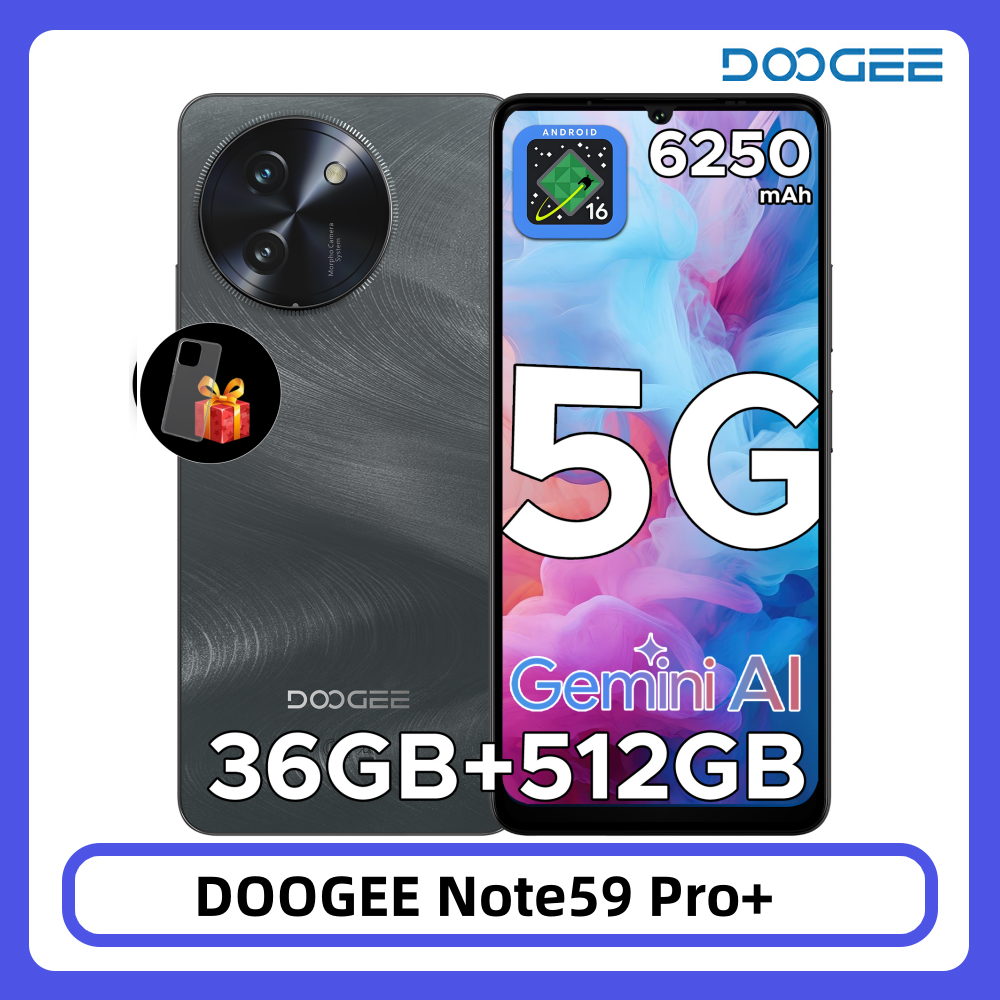 DOOGEE Note59 Pro+ 5G-smartphone 36GB 512GB 6,75" HD+ 120Hz UNISOC T8200 50MP camera 6250mAh batterij Android 15 NFC mobiele telefoon