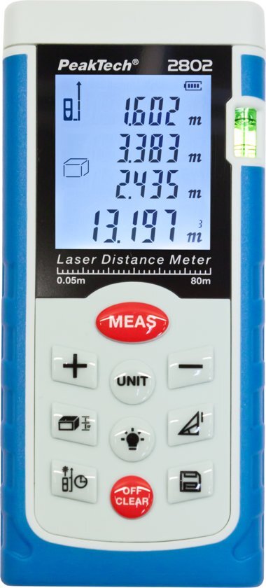 Peaktech 2802: Laser-afstandsmeter tot 80 m met berekening van oppervlakte en volume