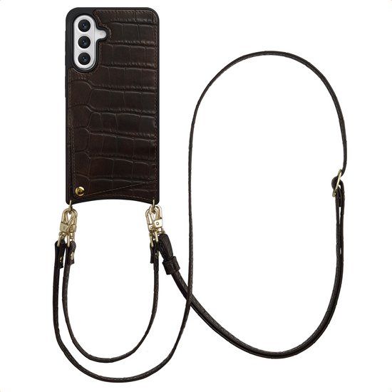 Selencia Hoesje - Geschikt voor Samsung Galaxy A56 (5G) - Croco Backcover met koord en pashouder - Choco Brown