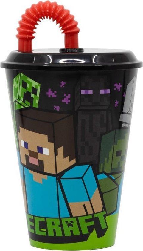 Minecraft Beker met rietje - 430 ml - Multi Colour - Kunststof