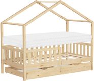 ML-Design Kinderbed huisbed 80x160 cm natuurlijk dennenhout met matras H:10cm, 2 laden, uitvalbeveiliging & lattenbodem