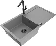Mexen Leo évier simple en granit avec égouttoir et robinet de cuisine Flora, gris
