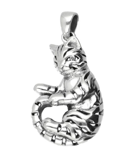 Zilveren Kat speelt met staart kettinghanger