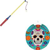 Merkloos / Sans marque Day of the Dead Ronde lampion 25 cm Day of the Dead sugarskull met lampionstokje - Halloween trick or treat lampionnen versiering