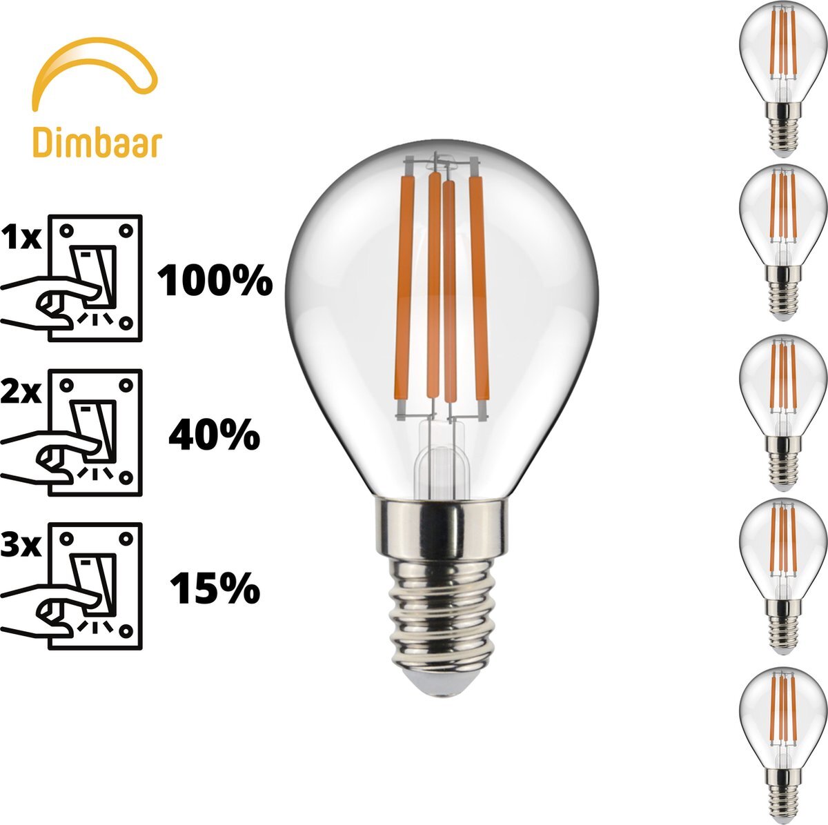 Proventa Proventa® LED Lamp E14 Filament - Dimbaar zonder dimmer - 5 x G45 kogellamp