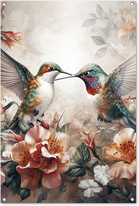 GreatGardenPosters Tuinposter - Kolibrie - Vogels - Bloemen - Natuur - 80x120 cm - PVC - Tuinposter voor buiten