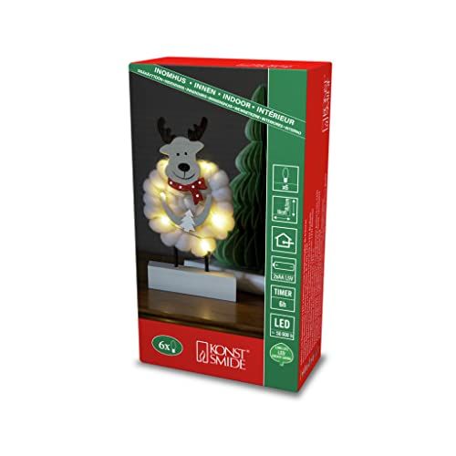 KONSTSMIDE LED houten silhouet "eland met katoen" - wit - 6H timer - 6 warmwitte diodes - werkt op batterijen - binnen - 3266-210