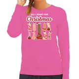 Bellatio Decorations foute kersttrui - sweater - dames - All I want for Christmas - piemels - roze - sexy S