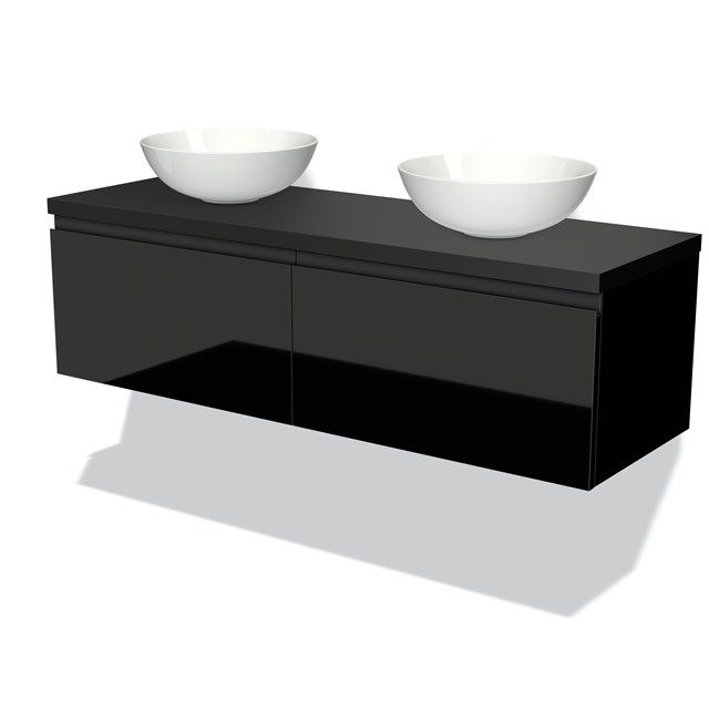 Maxaro Badkamermeubel Modulo Plato 140cm Hoogglans Zwart 2 Lades Greeploos Mat Zwart Blad