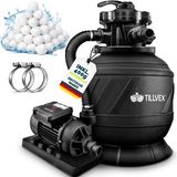 tillvex® Système de filtration à sable pour piscine avec minuterie 7 900 L/h incl. 400g de billes filtrantes | Système de filtration à vanne 7 voies et adaptateur 2 en 1 Ø32mm - 38mm | Filtre de piscine avec manomètre | Filtre à sable pour piscine AquaBlack Pro