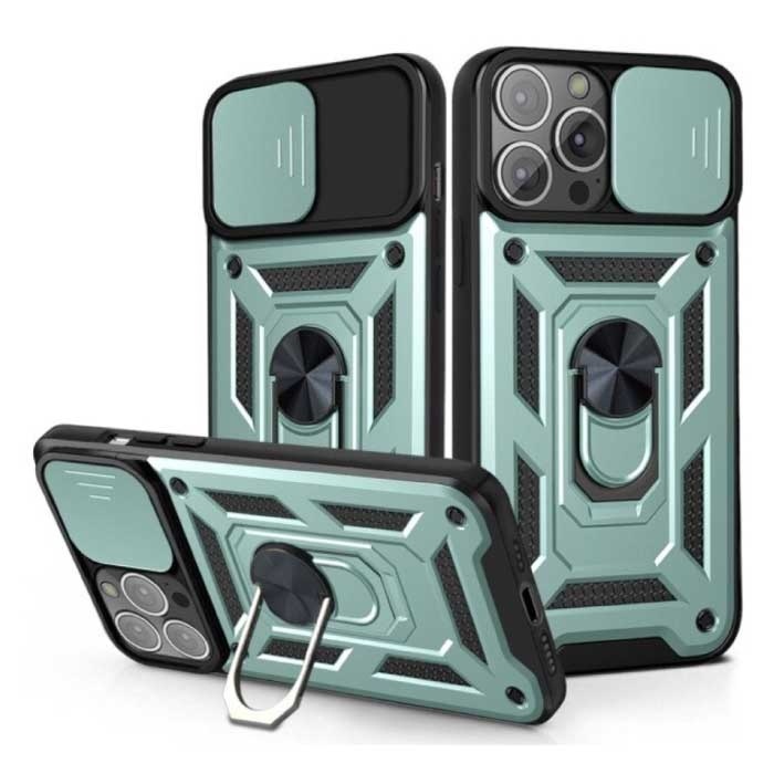 Huikai Huikai iPhone 14 Pro Max - Armor Hoesje met Kickstand en Camera Bescherming - Pop Grip Cover Case Groen