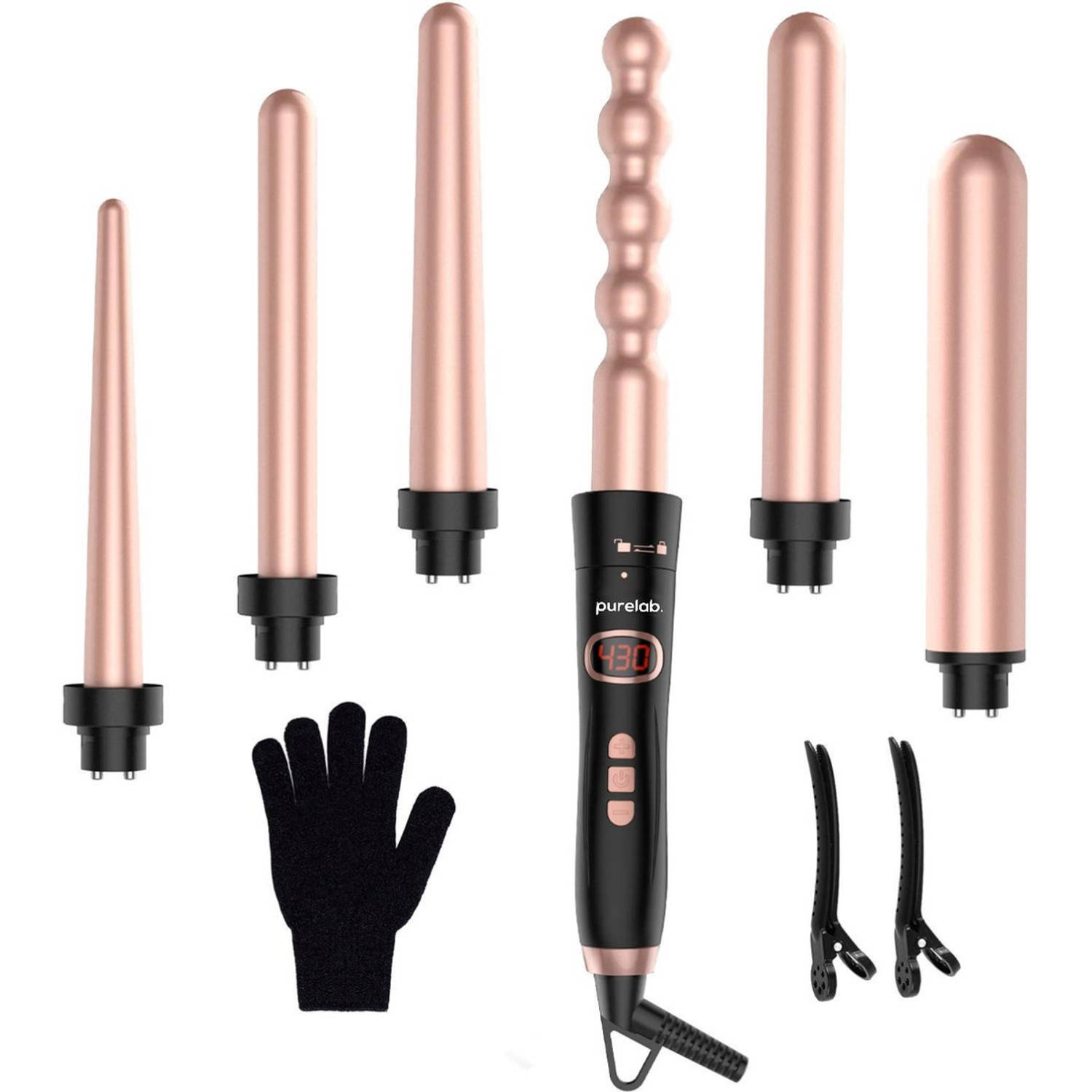 Purelab 6-in-1 keramische krultang - haarkruller met opzetstukken - incl. handschoen en haarclips - curling iron - 120-2