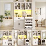 OKWISH Keukenkast - Met Verrijdbare Kar En LED-Verlichting - 140x38x180 cm - 4 Glazen Deuren - MDF Wit