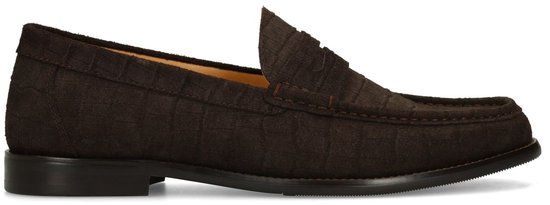 Manfield - Heren - Bruine suède loafers met crocoprint - Maat 46