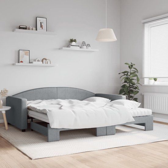 vidaXL Slaapbank met onderschuifbed en matrassen - 100x200 cm - Stof - Lichtgrijs
