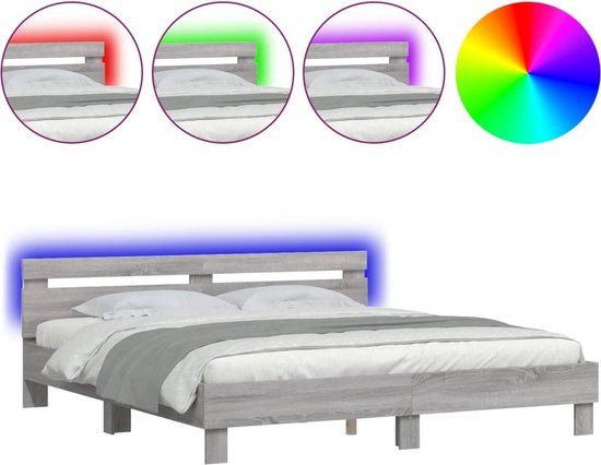 vidaXL Bedframe met hoofdeinde en LED - Grijs Sonoma Eiken - 200x200 cm